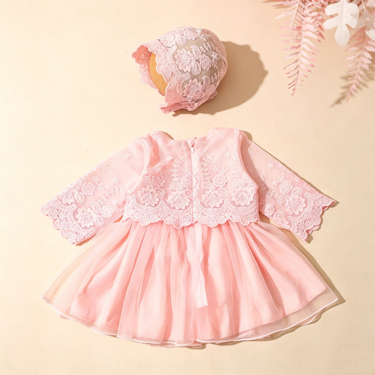 Newborn Princess Lace Tulle Dress with Hat- White Christening Gown