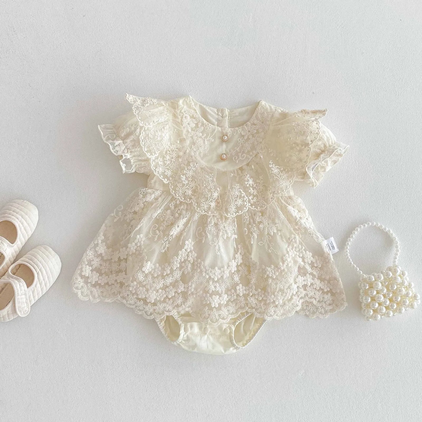 Baby Girl Vintage Lace Princess Romper Dress with Ruffled Collar