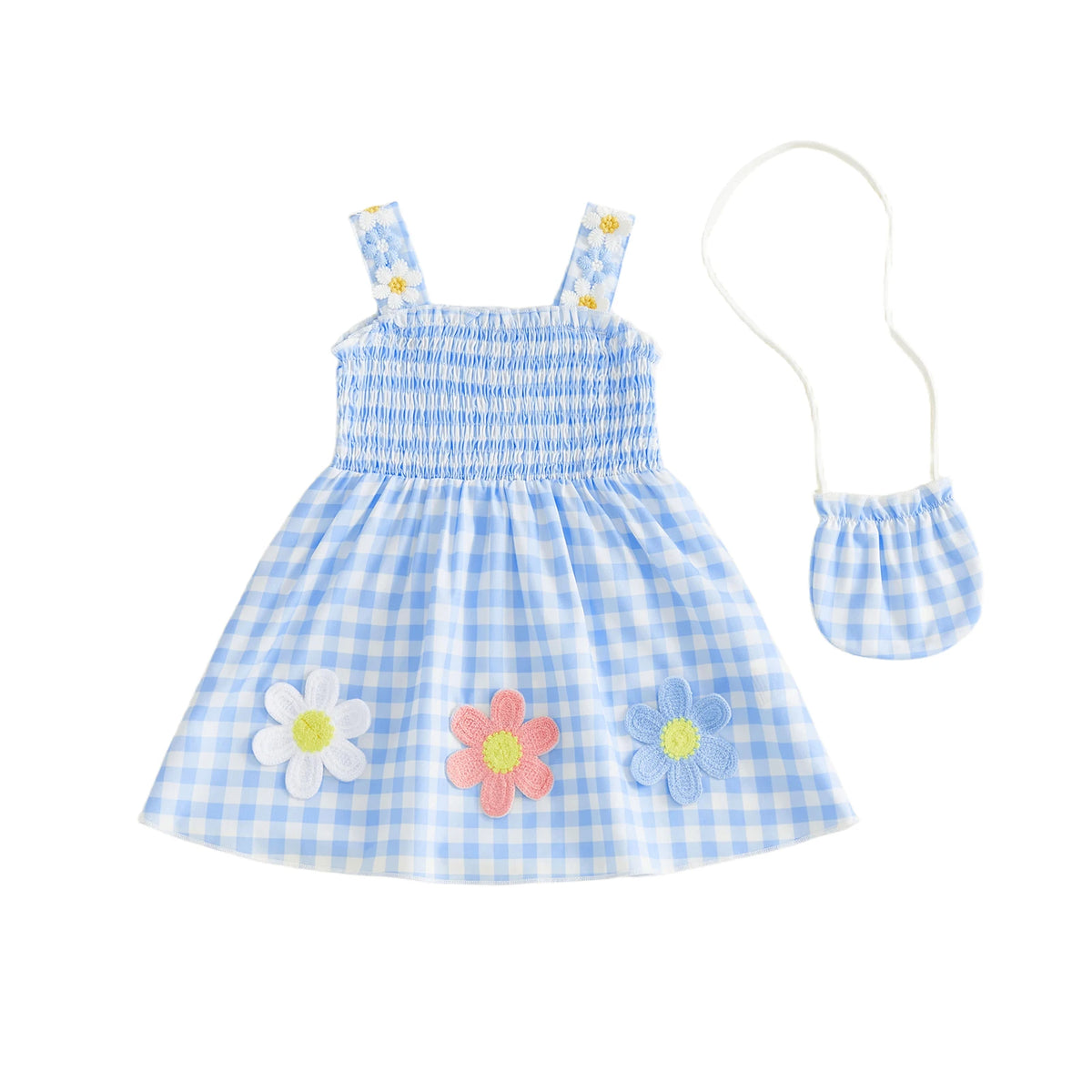 Flower Applique Plaid Dress with Matching Bag Set