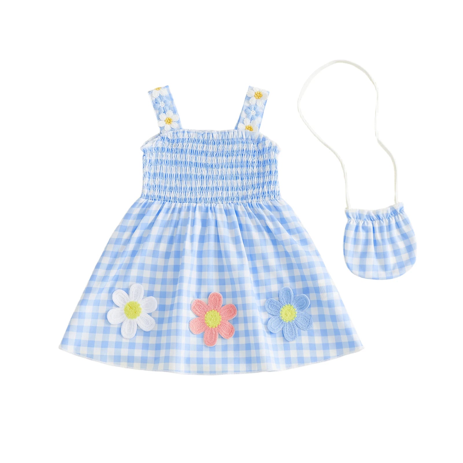 Flower Applique Plaid Dress with Matching Bag Set