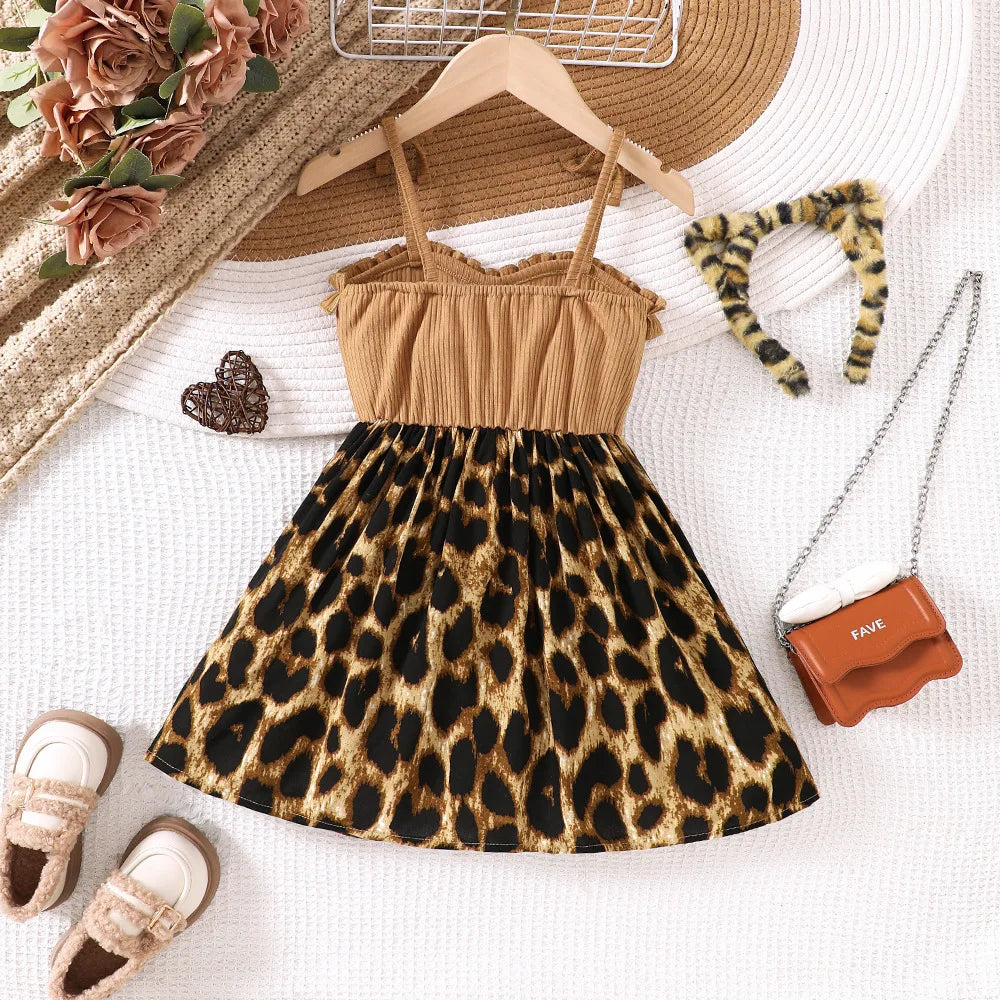Girls' Khaki & Leopard Print Ruffle Cami Dress