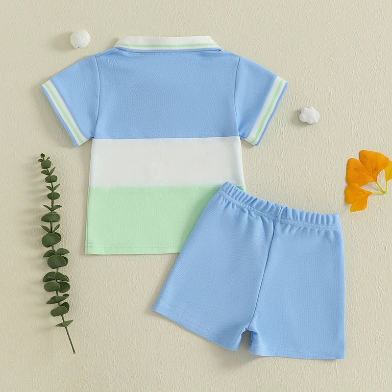 Baby Boy Tennis Ball Pattern Polo T-Shirt & Elastic Shorts 2-Piece Summer Set