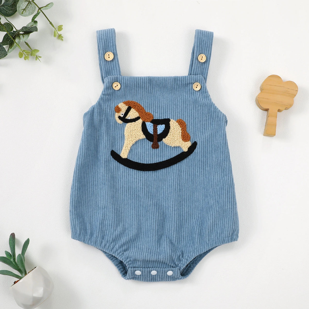 Rocking Horse Embroidered Corduroy Overalls