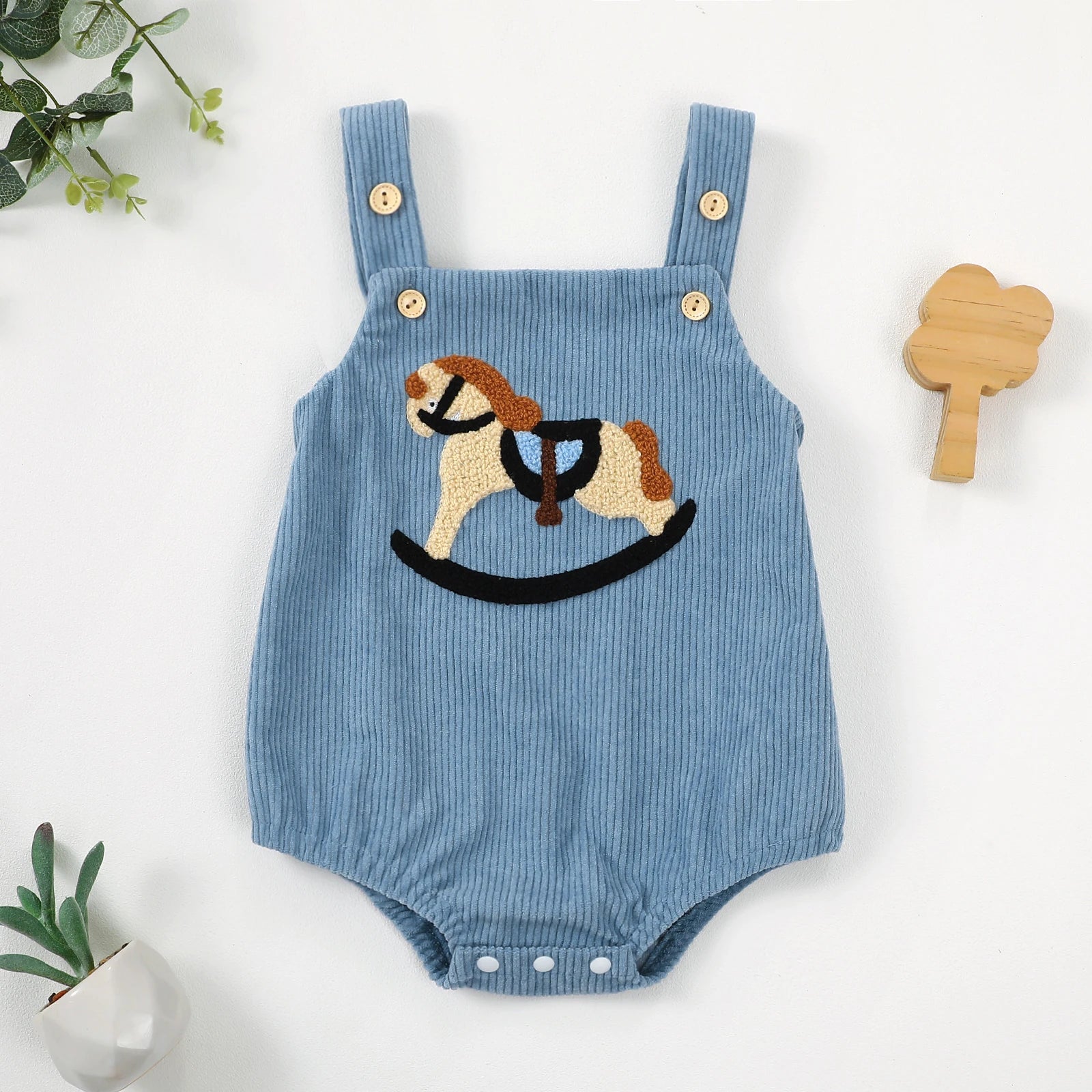 Rocking Horse Embroidered Corduroy Overalls