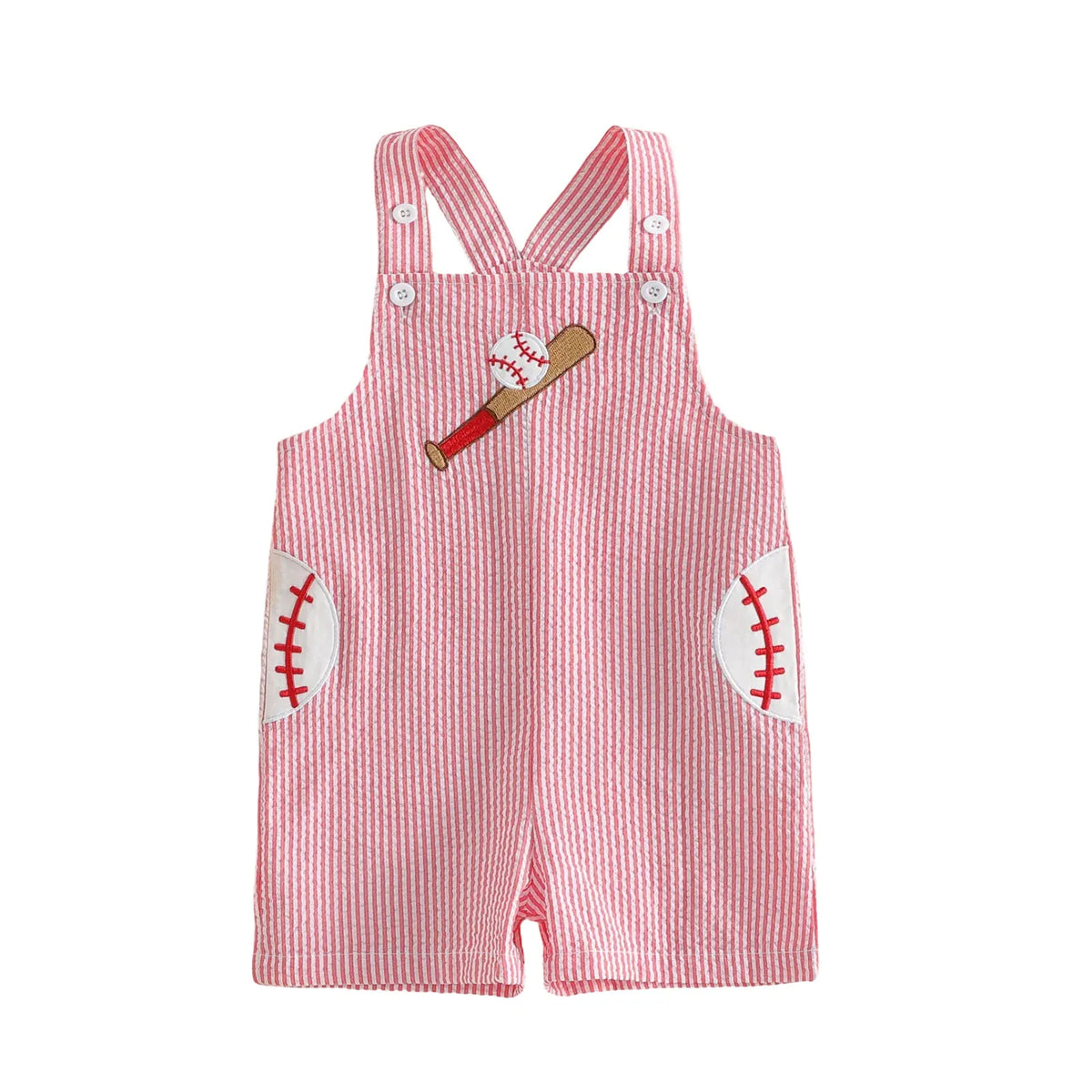 Red / 6-12M Toddler Baseball Embroidered Striped Overalls