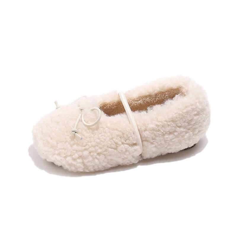 Toddler Girls Winter Mary Jane Flats - Warm Fur Bowtie Shoes