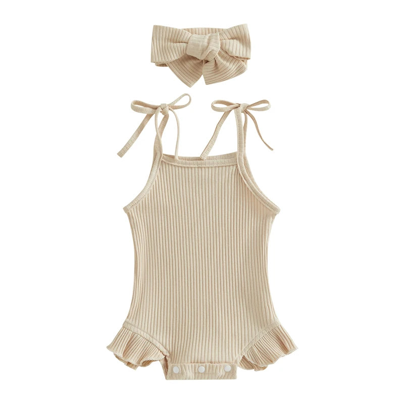 Baby Girl Ribbed Knit Tie-Up Strap Ruffle Romper & Headband Set