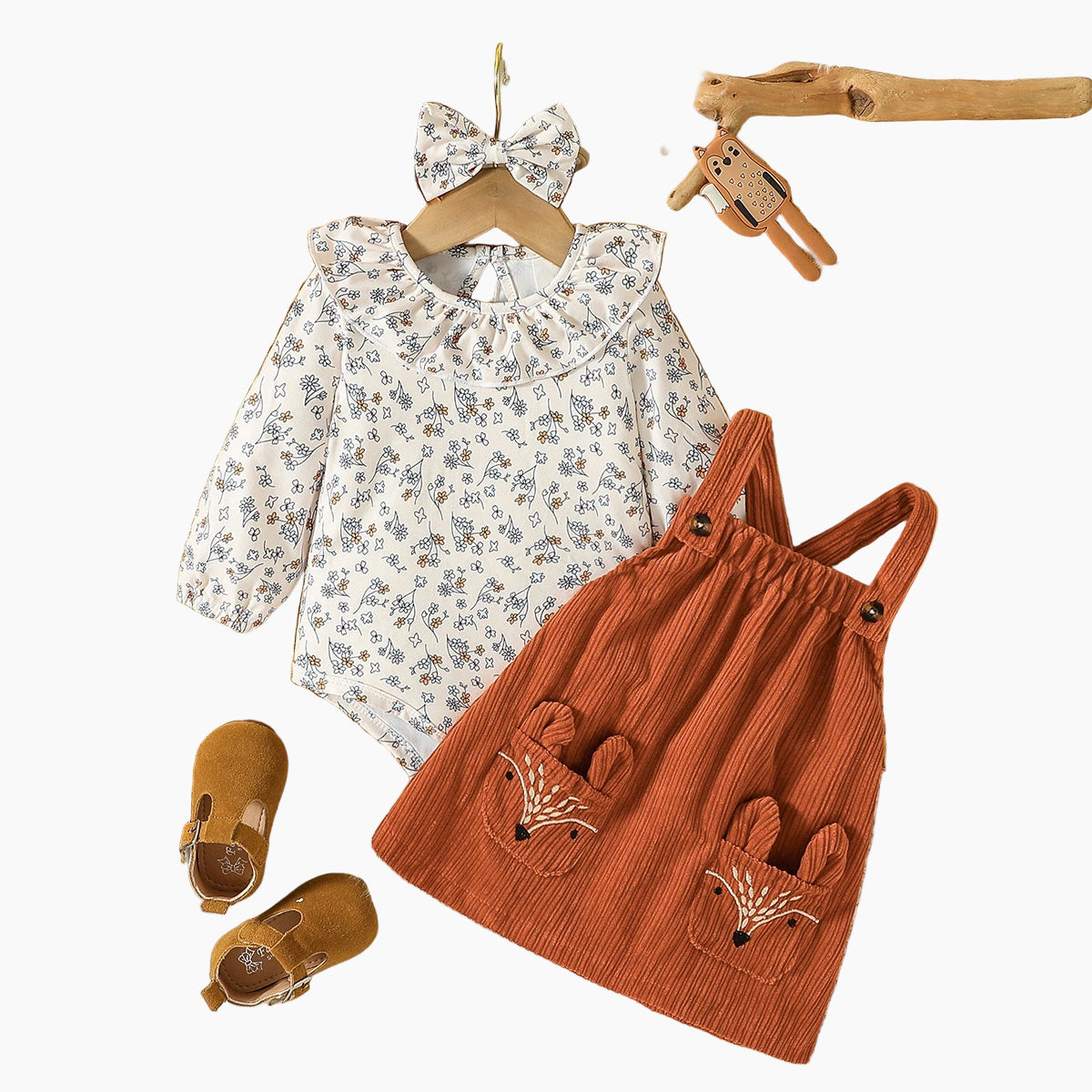 Baby Girl's Floral & Corduroy Fox Jumper Dress Set
