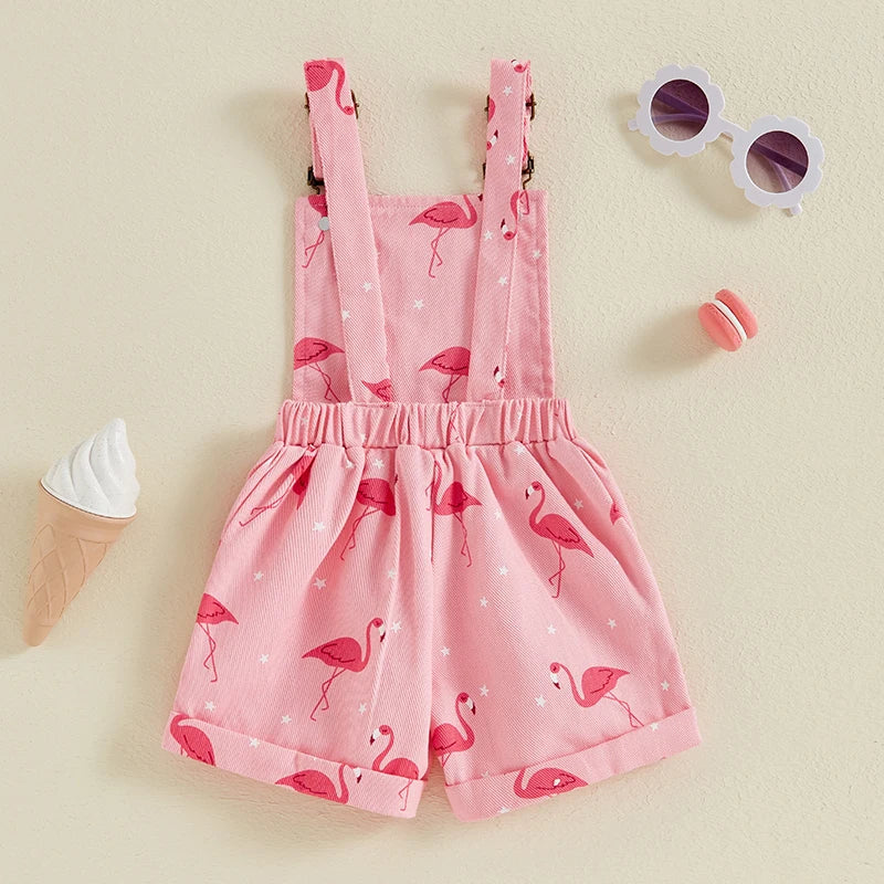 Girls Flamingo Print Denim Overalls