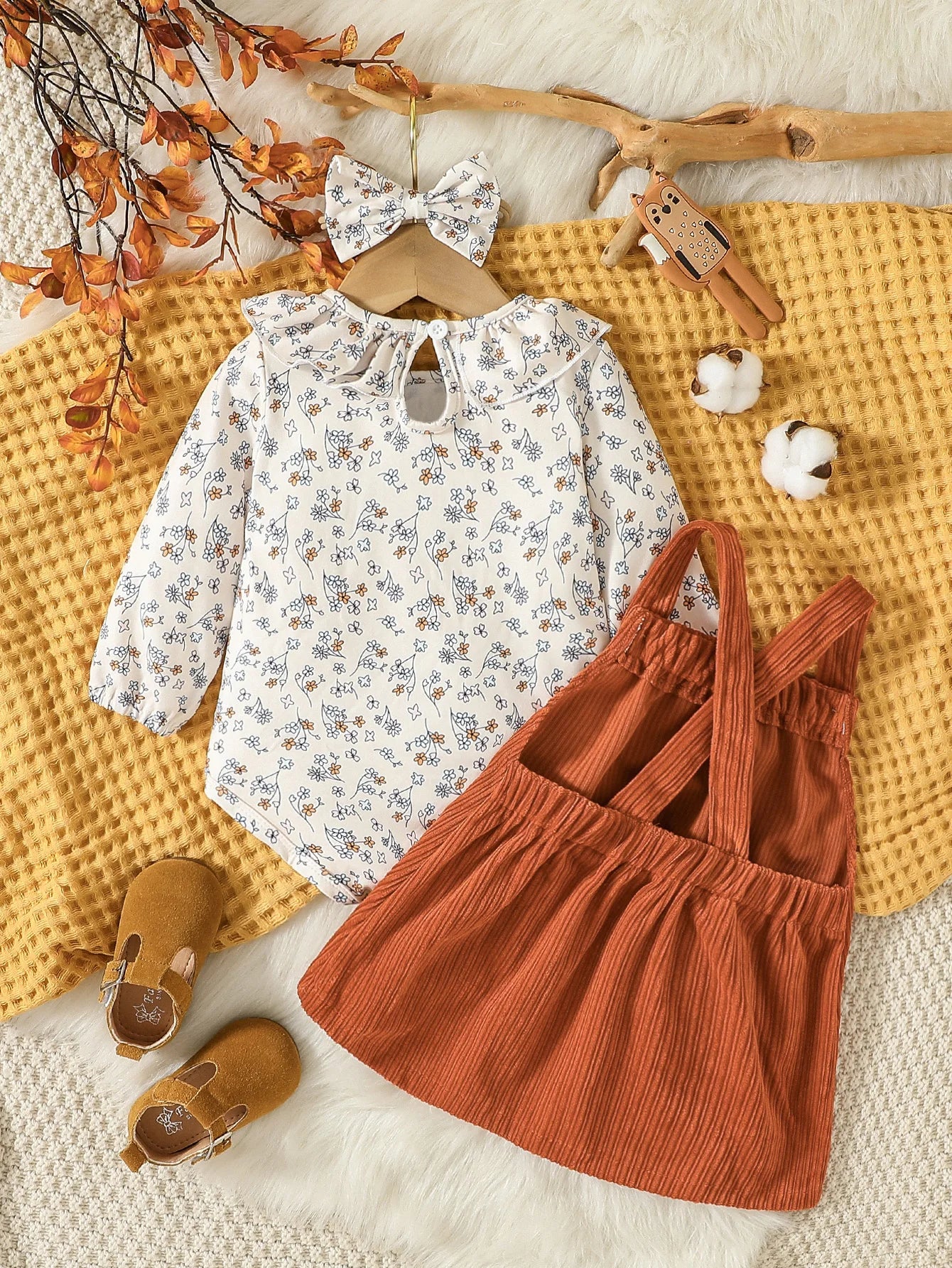 Baby Girl's Floral & Corduroy Fox Jumper Dress Set