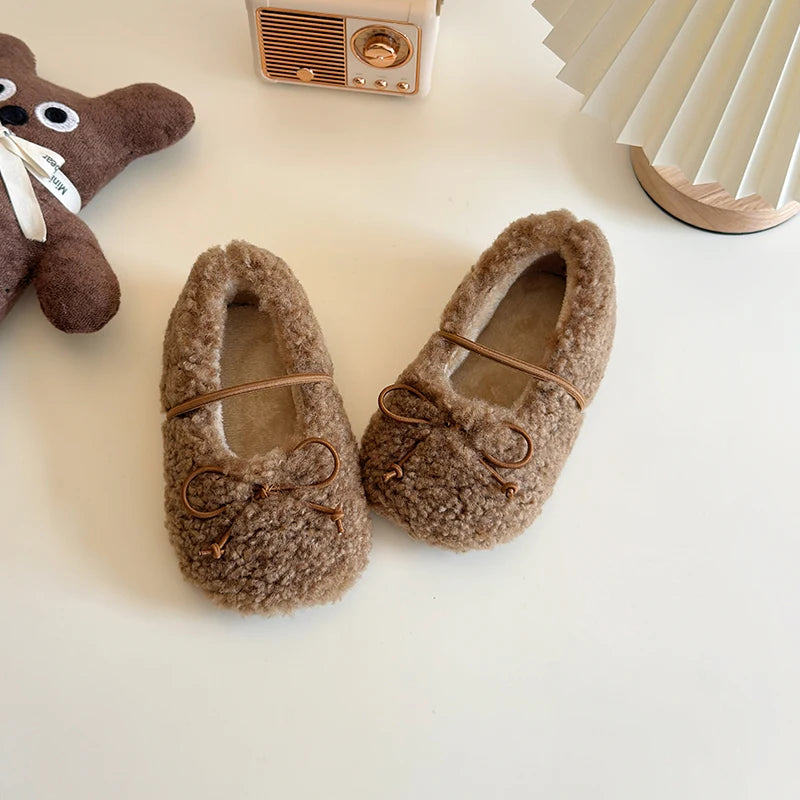 Toddler Girls Winter Mary Jane Flats - Warm Fur Bowtie Shoes