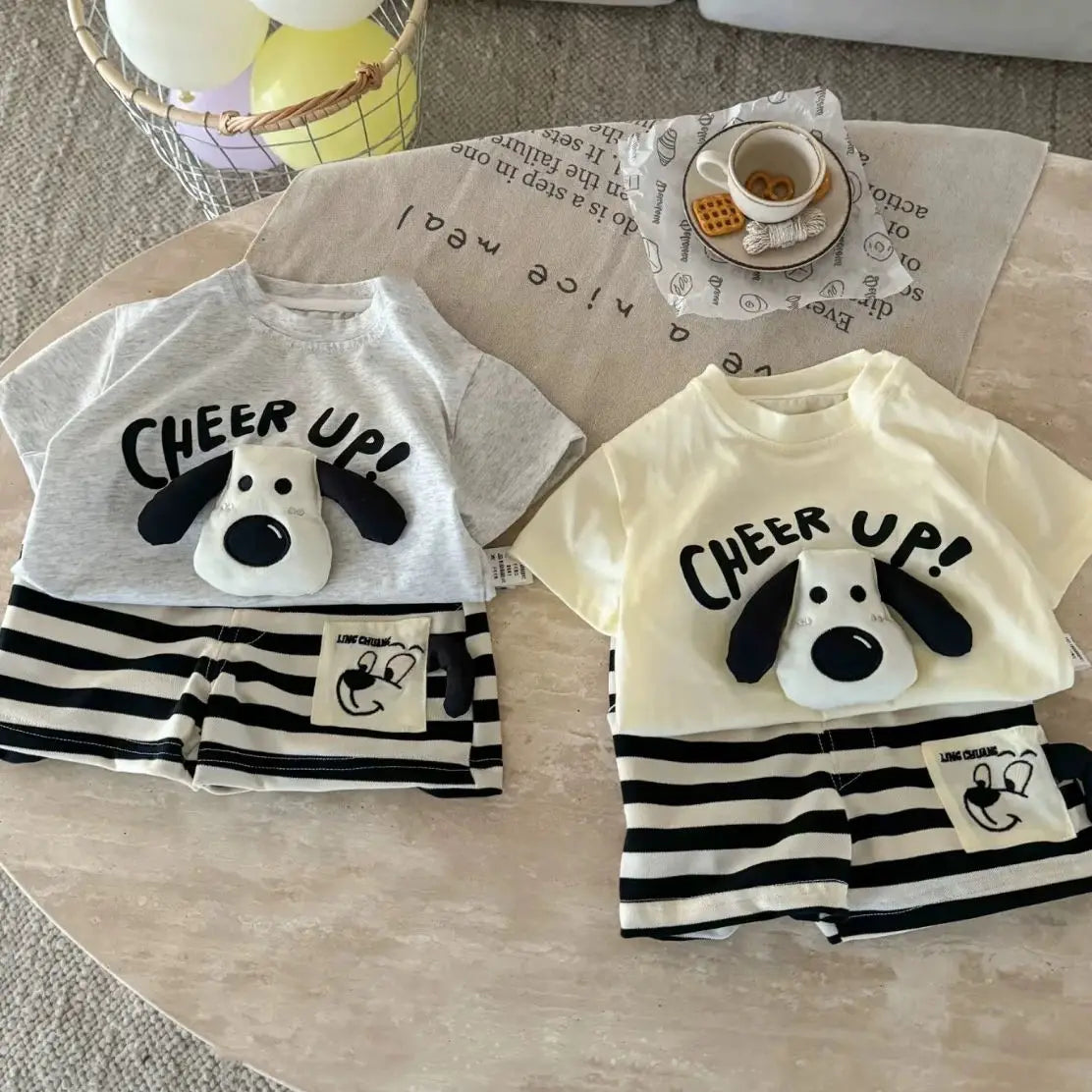 3D Puppy T-Shirt & Striped Shorts Set