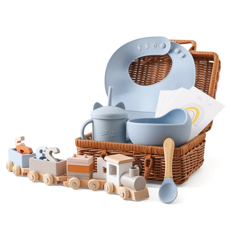 Baby Gift Set with Montessori Toy and Silicone Feeding Set