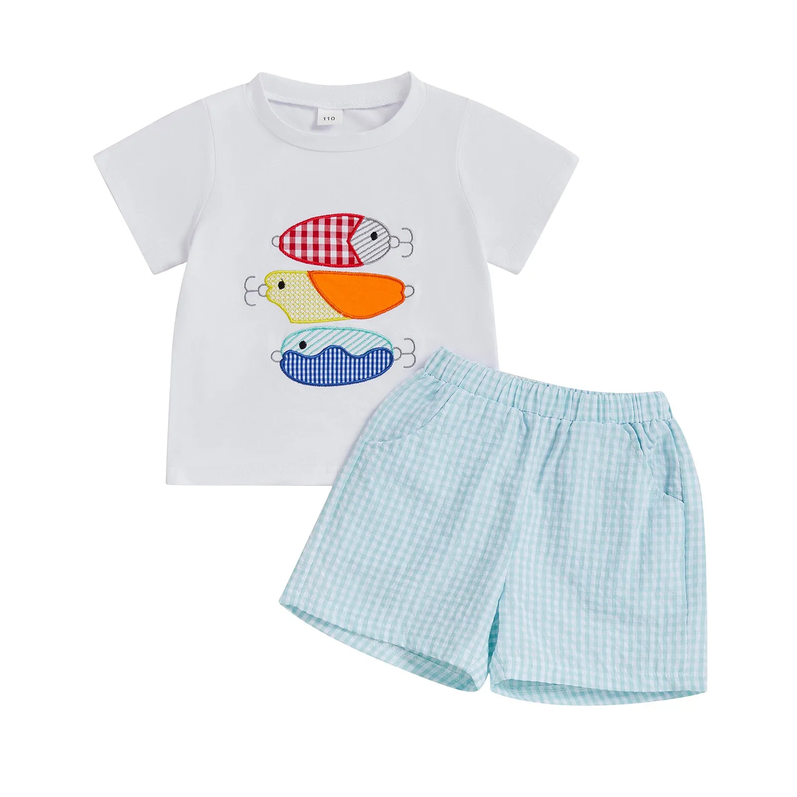 Fish Print T-Shirt and Gingham Shorts Set