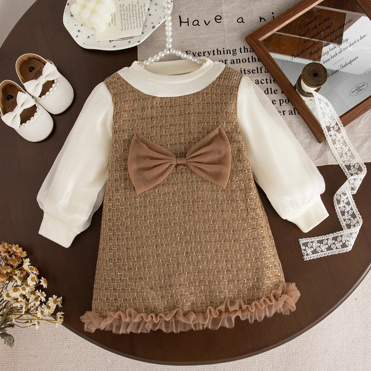 Sweet Bow Baby Girl Dress - Korean Style Long Sleeve Clothes