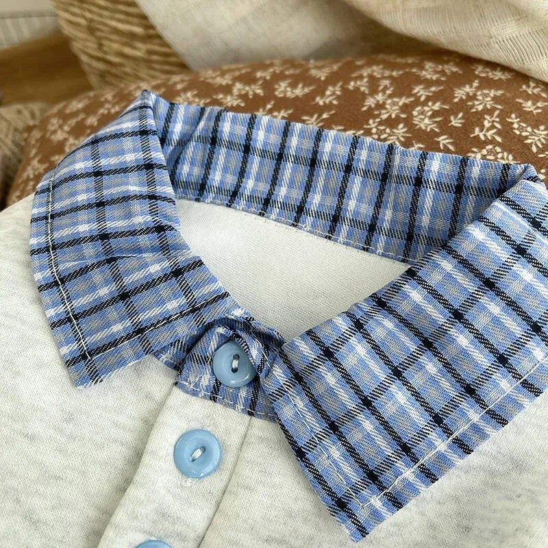 Boys Embroidered Plaid Collar Top & Pants Set
