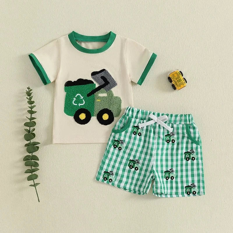 Tractor Embroidered T-Shirt and Green Plaid Shorts Set
