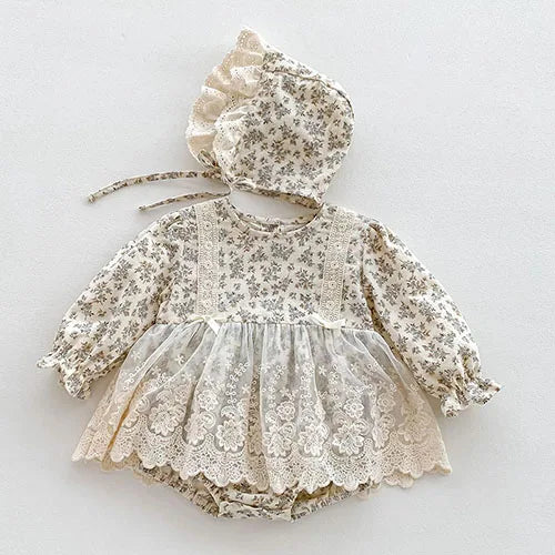 Baby Girl Lace Trim Long Sleeve Romper with Matching Hat