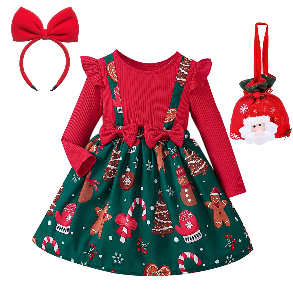 Girls Christmas Print Ruffle Dress