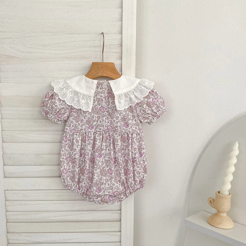 Baby Girl Floral Smocked Lace Collar Cotton Romper