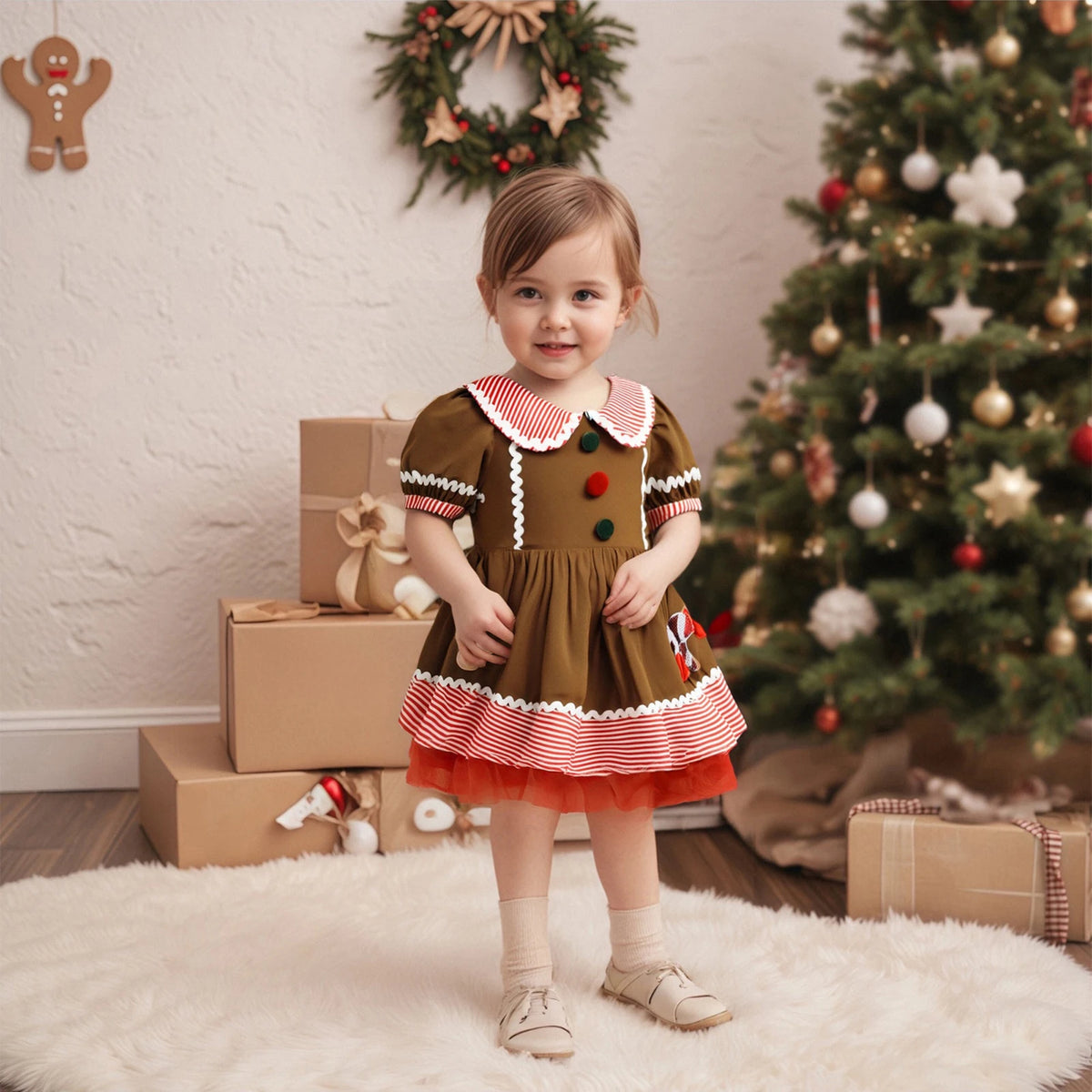 Toddler Girl's Christmas Gingerbread Man Collar Dress