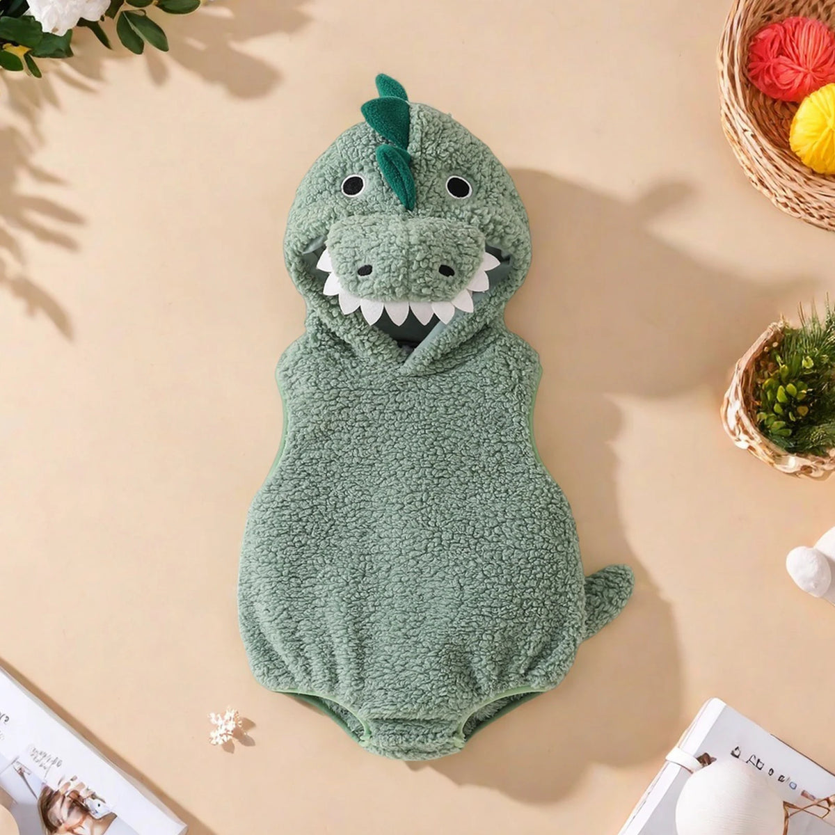 Baby Unisex Plush Dinosaur Hooded Halloween Costume Romper