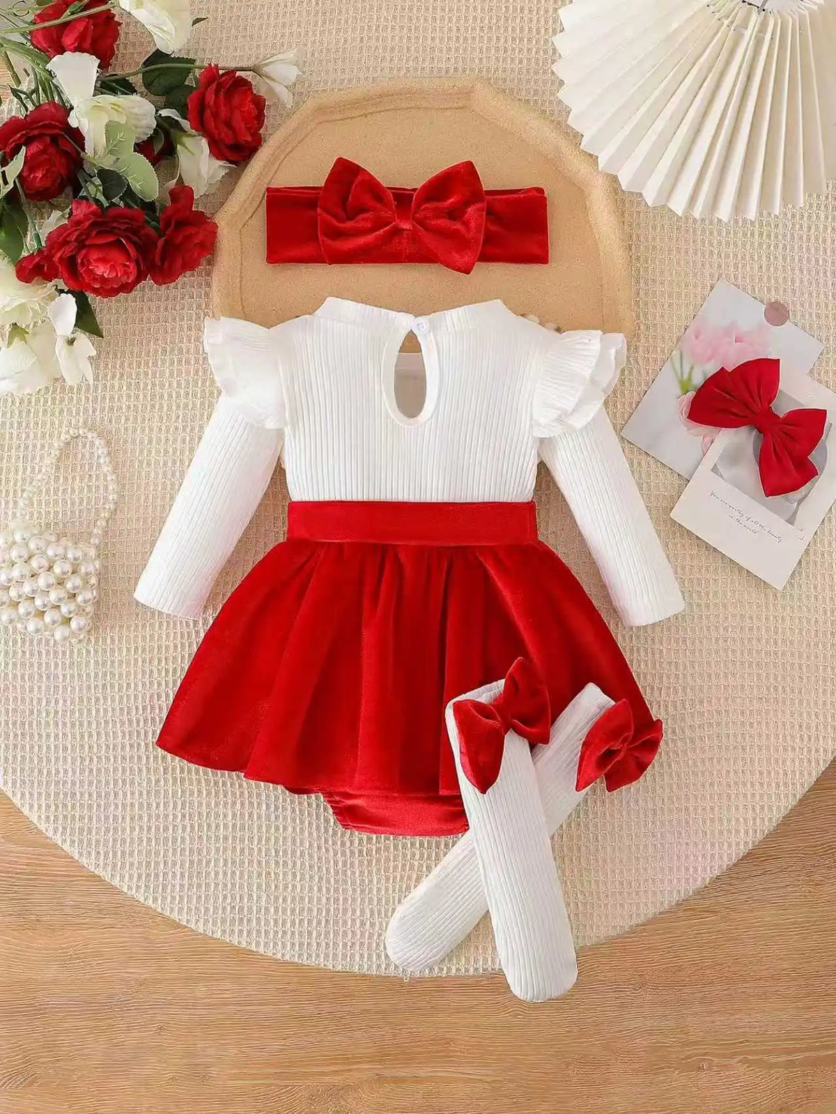 Baby Girl Red Bow Romper Dress Set with Headband & Socks