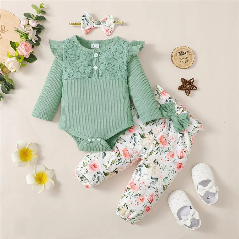 Long Sleeve Romper, Floral Pants and Headband Set