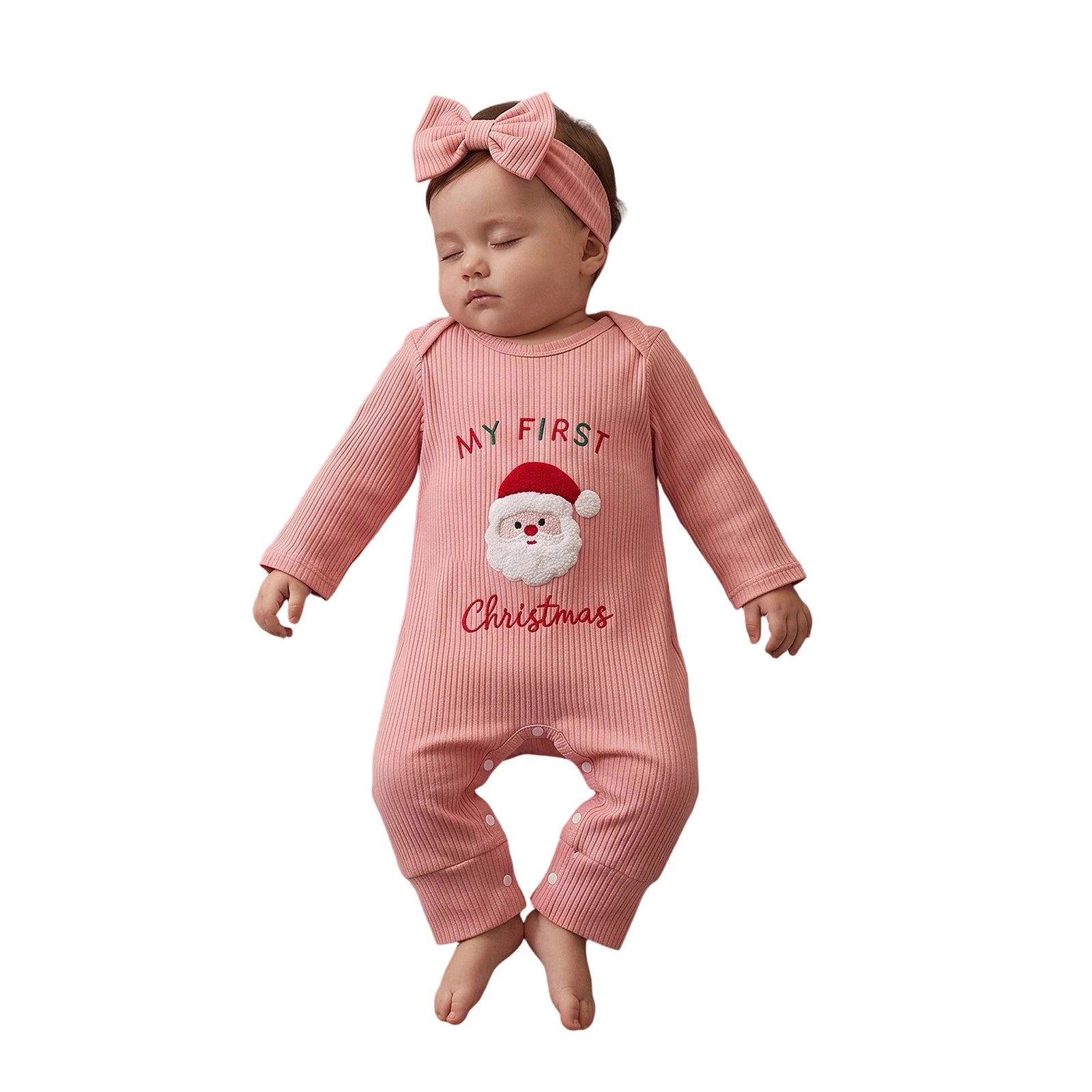 Newborn Baby Girl My First Christmas Santa Jumpsuit & Headband Set