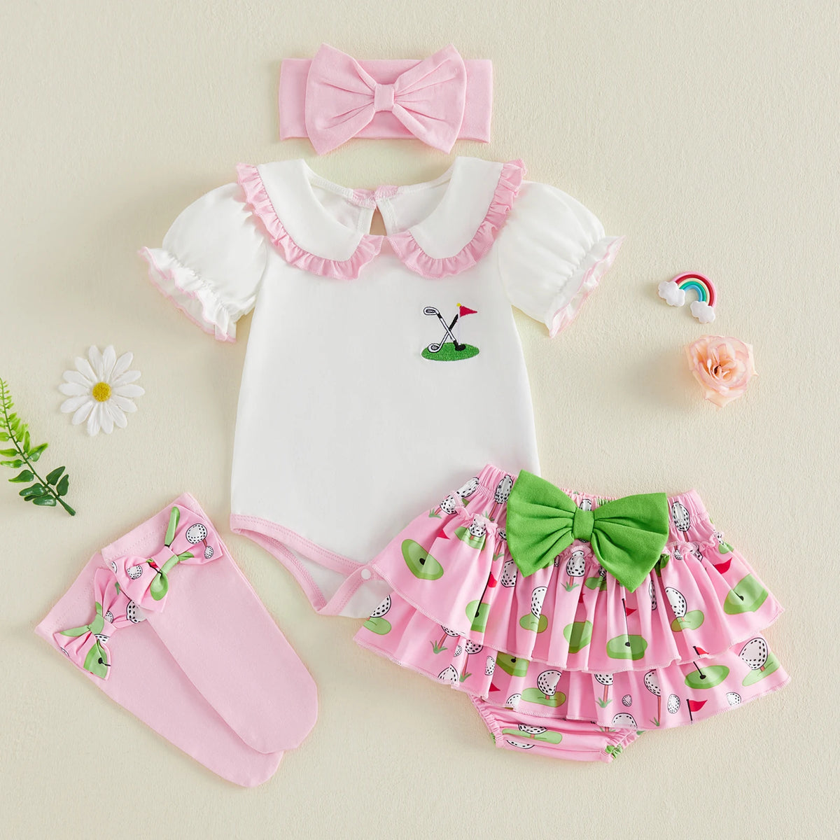 4-Piece Golf Print Romper & Shorts Set