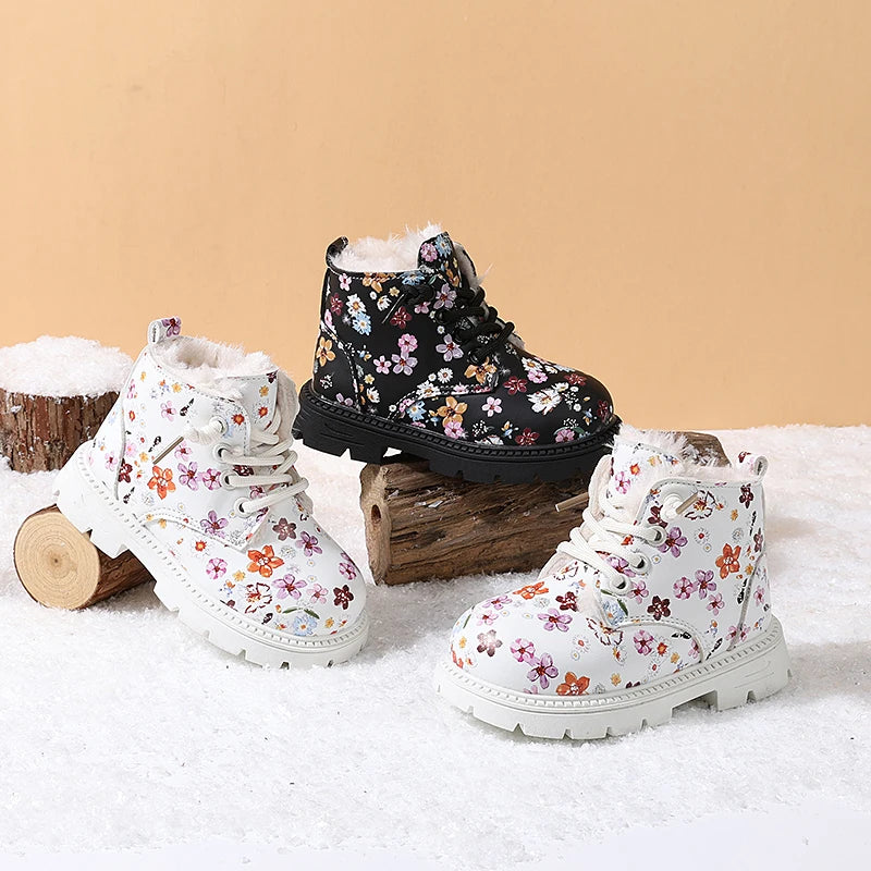 Girls Floral Leather Warm Plush Snow Boots