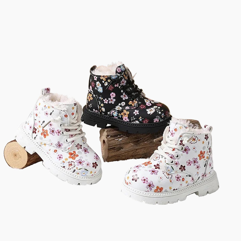 Girls Floral Leather Warm Plush Snow Boots