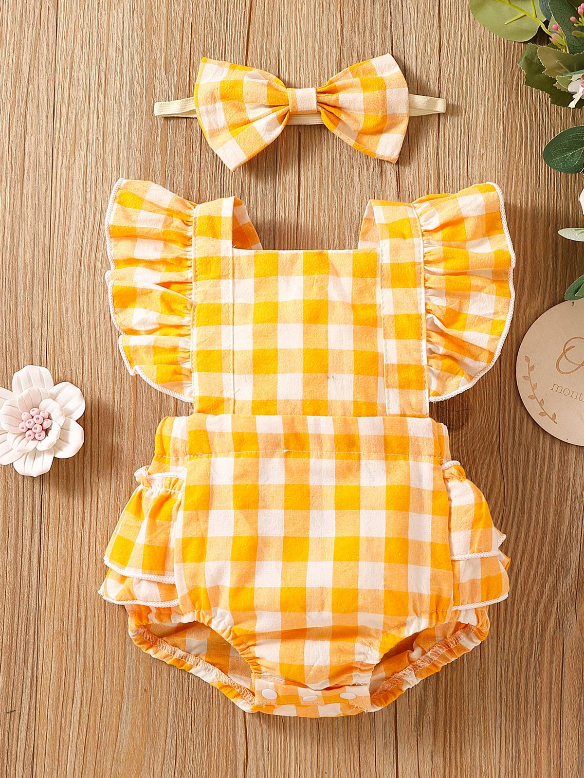 Baby Girl Ruffle Plaid Romper with Matching Headband