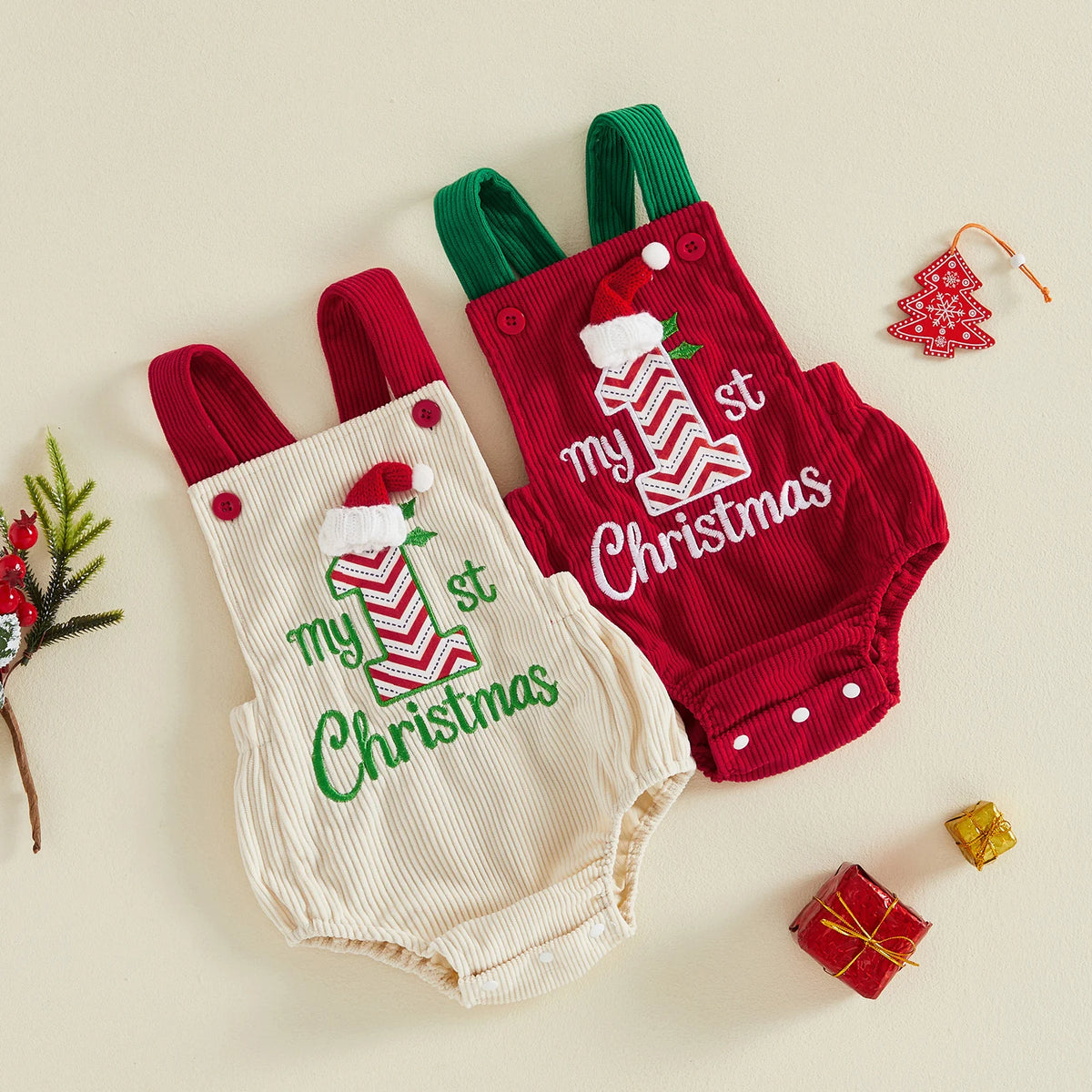 Baby Christmas Embroidered Suspender Bodysuit