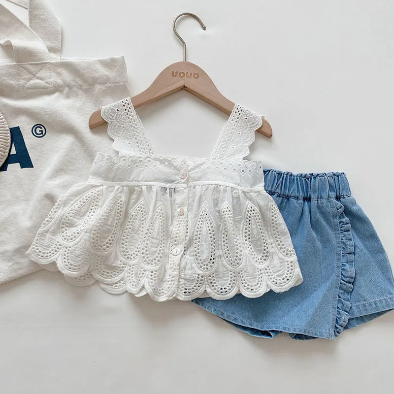 Girl Lace Crop Top & Denim Shorts Set