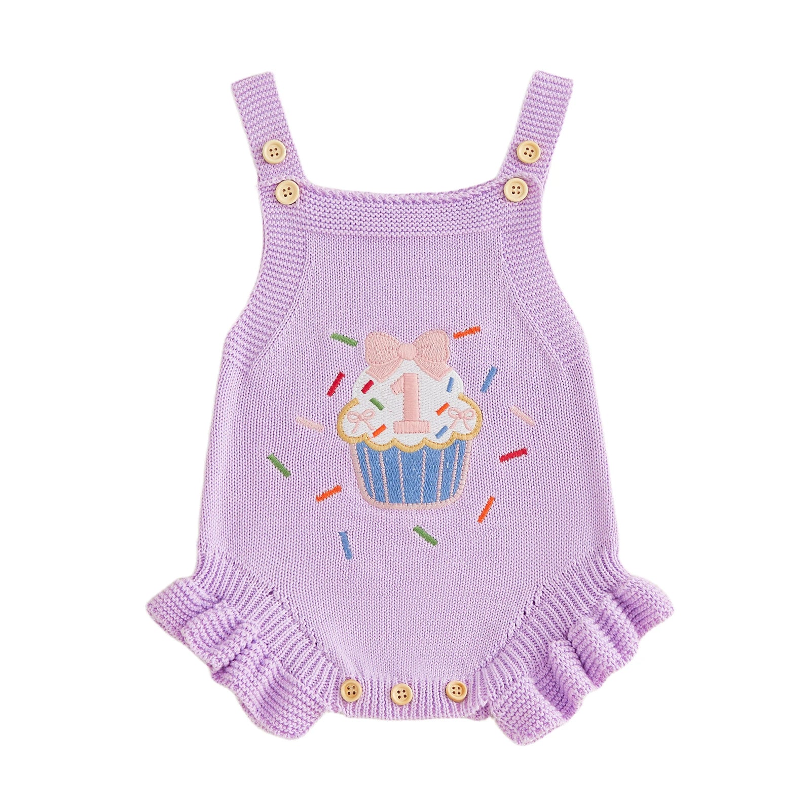 Baby Girl 1st Birthday Knit Bodysuit Embroidery Cupcake 6–18M