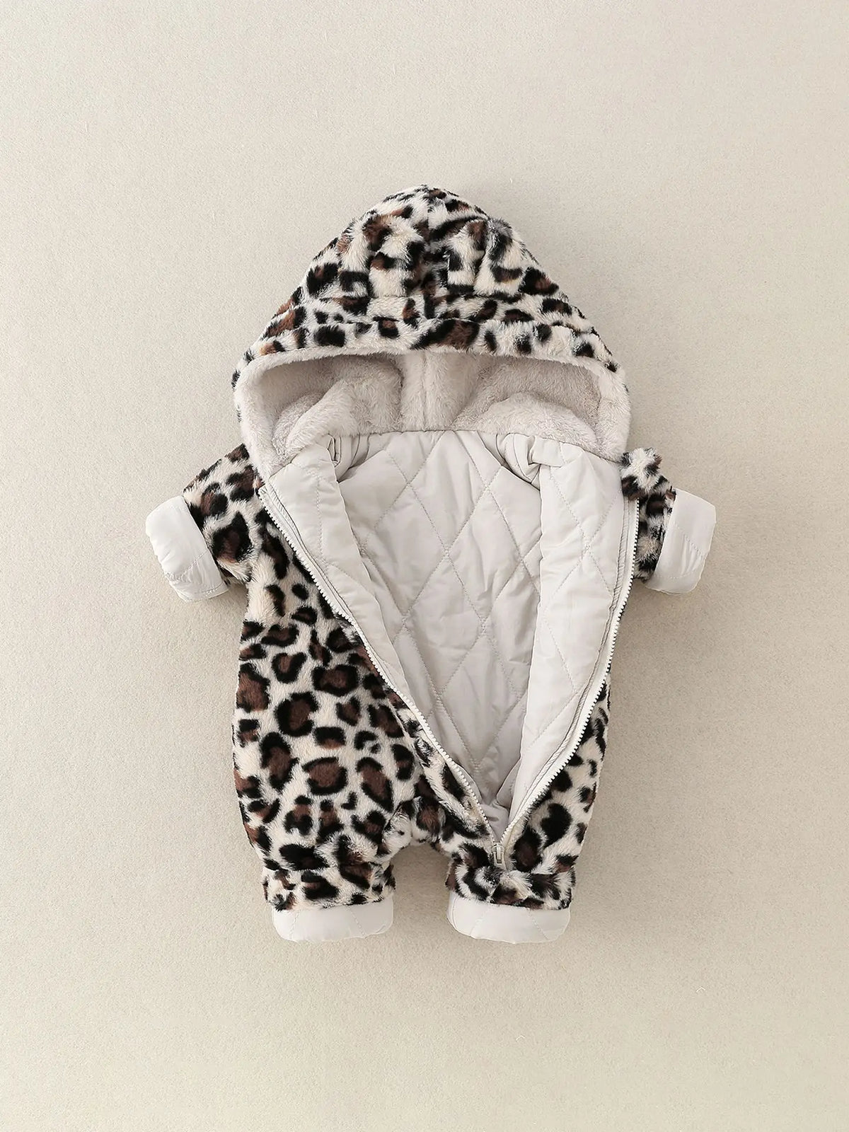Baby Winter Hooded Romper with Fur Lining Leopard Print