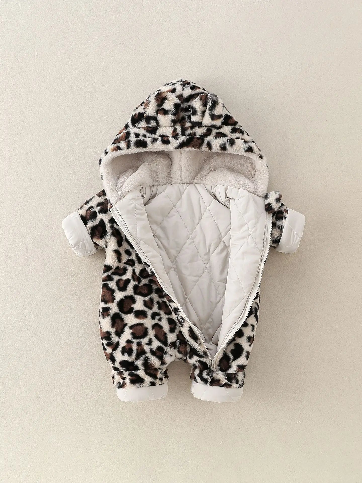 Baby Winter Hooded Romper with Fur Lining Leopard Print