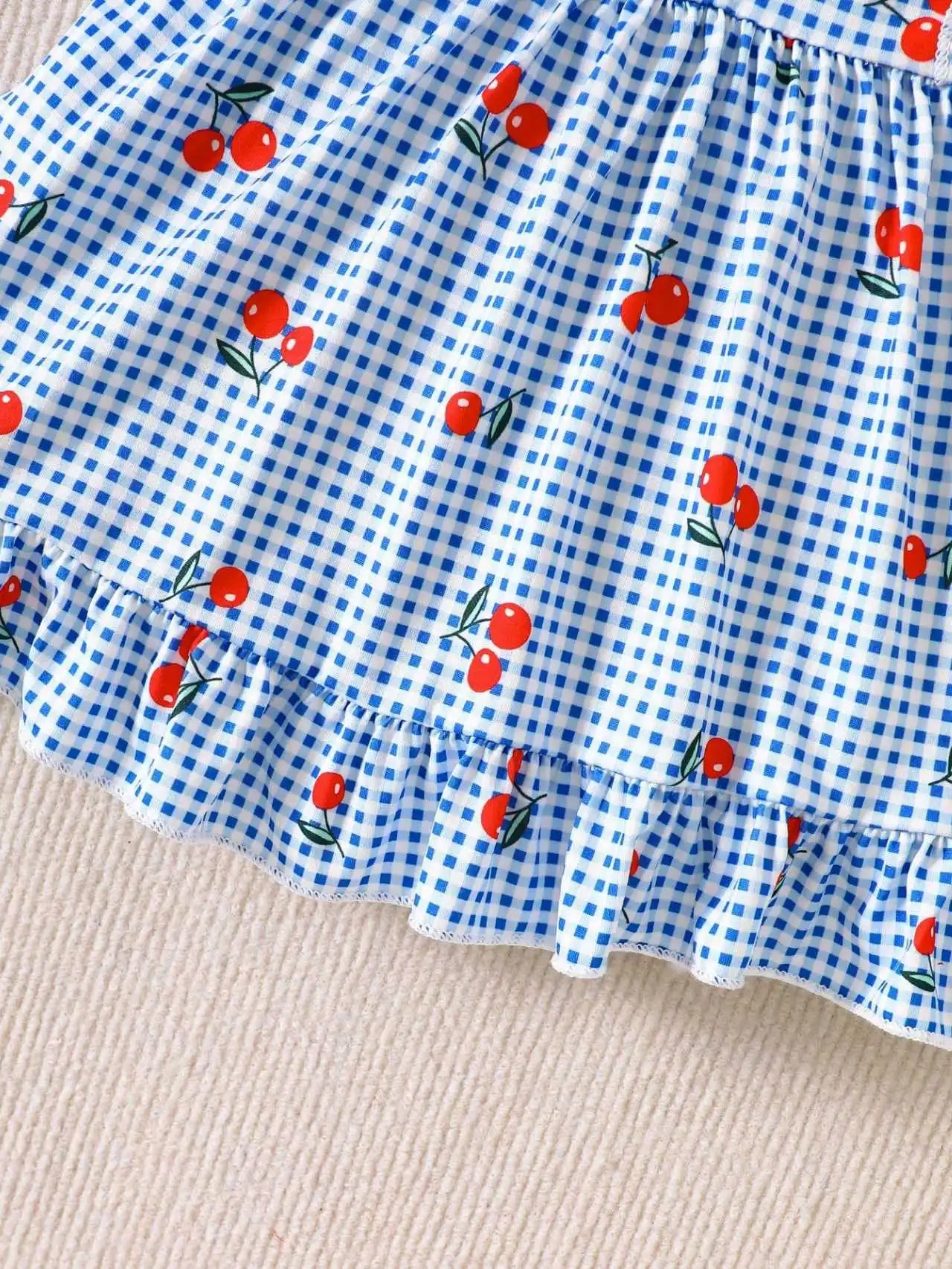 Baby Girl Cherry Plaid Ruffle Dress & Bow Headband 2-Piece Set