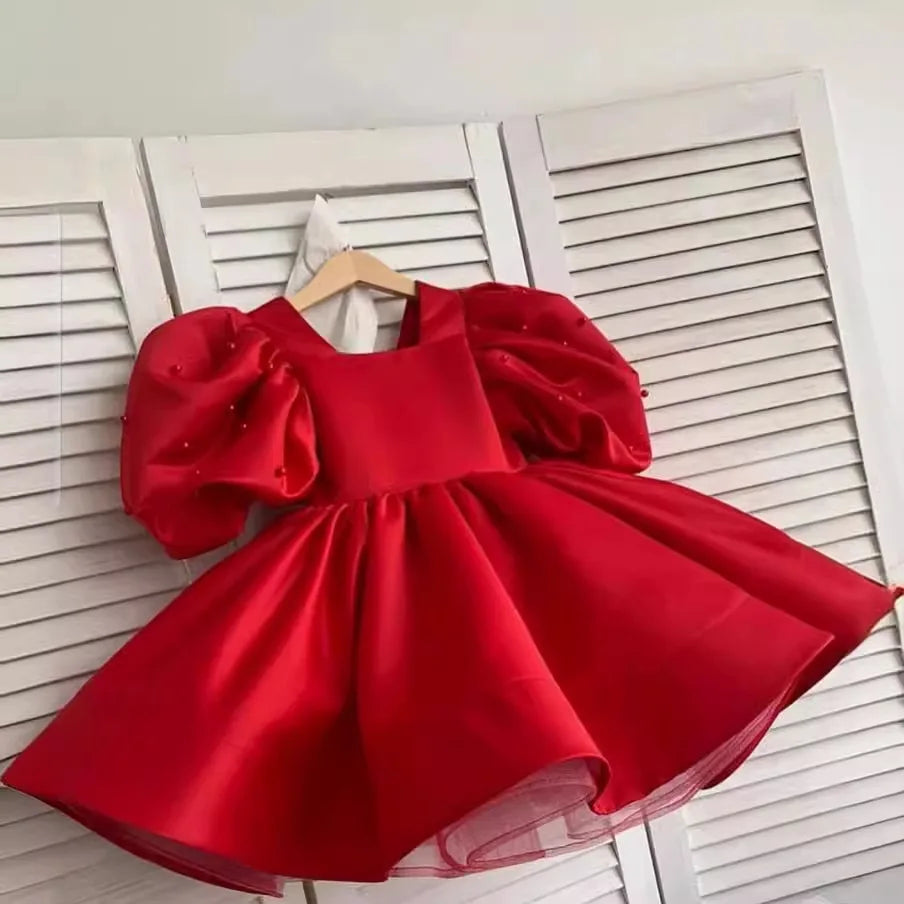 Girl's Satin Puff Sleeve Party Dress