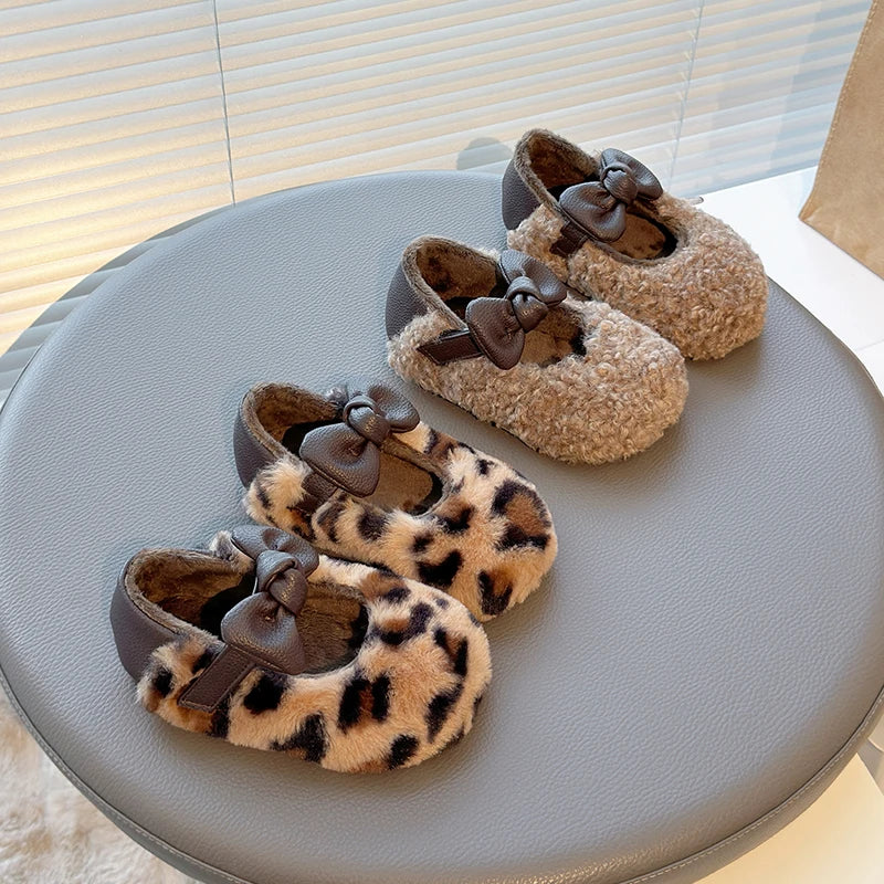 Girls' Fluffy Winter Flats with Leather Bow