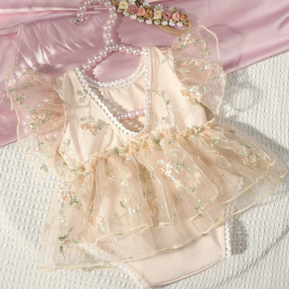 Newborn Daisy Embroidered Romper- Baby Girl Mesh Photo Outfit