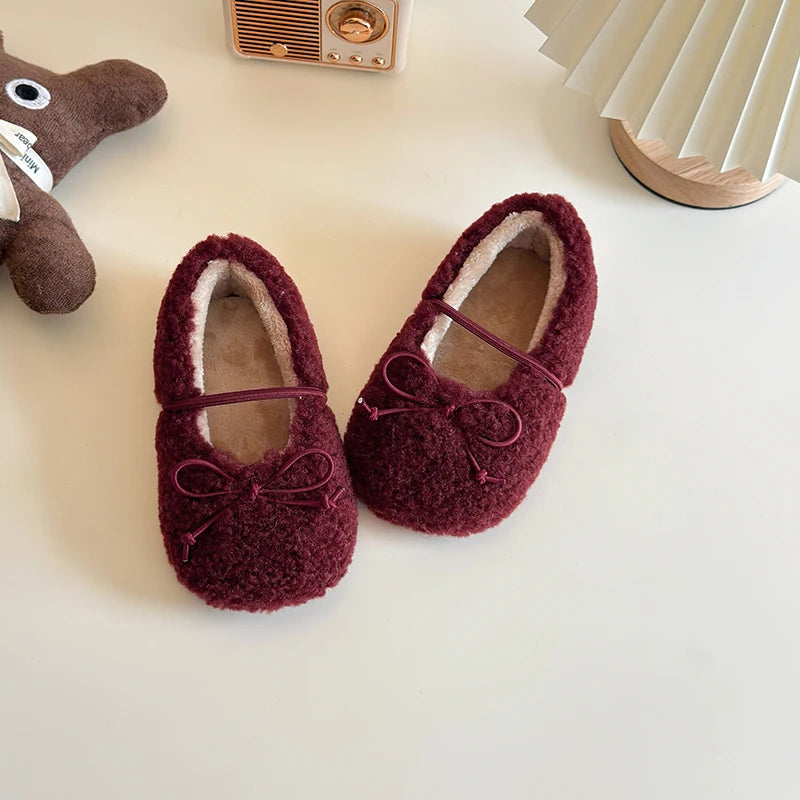 Toddler Girls Winter Mary Jane Flats - Warm Fur Bowtie Shoes