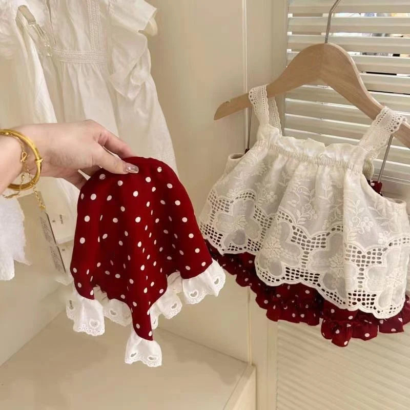 3-Piece Lace Tank Top, Polka Dot Skirt & Hood Set