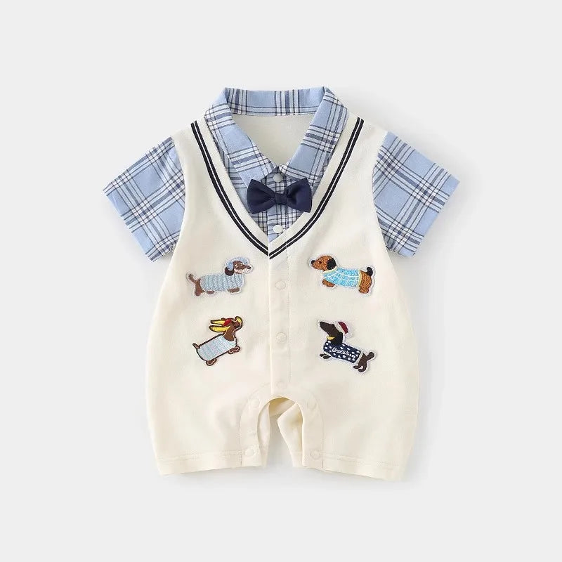 Boys' Dog-Embroidery Faux Two-Piece Romper
