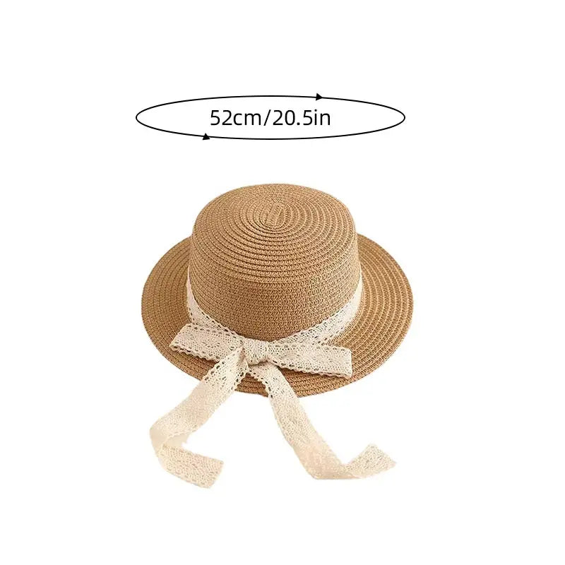 Adjustable Lace Bow Straw Sun Hat for Girls