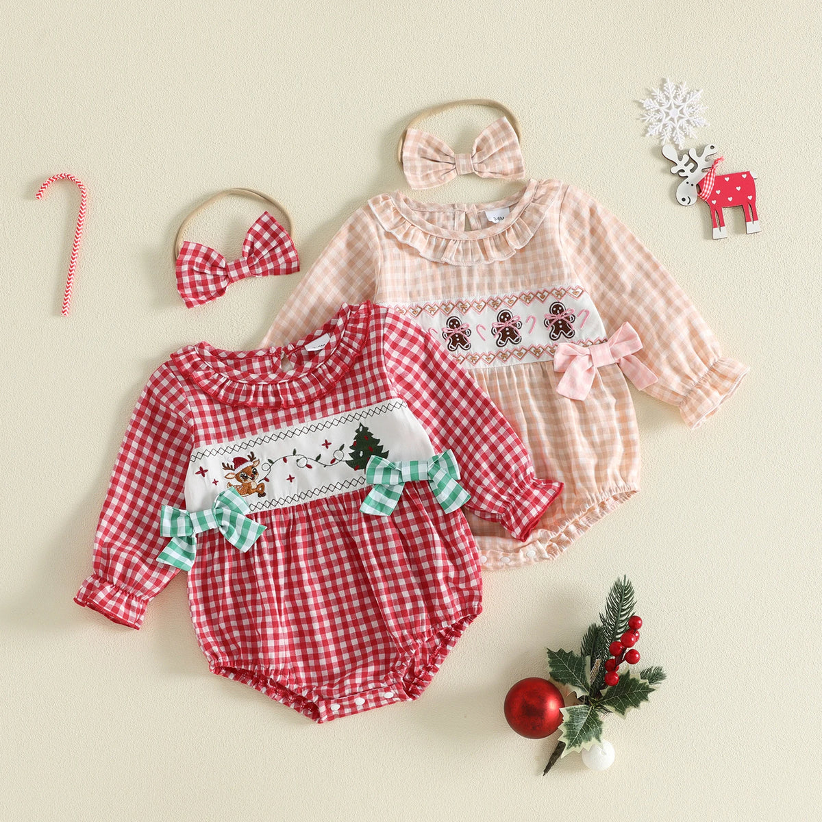 Baby Girl Christmas Gingham Romper & Bow Headband Set