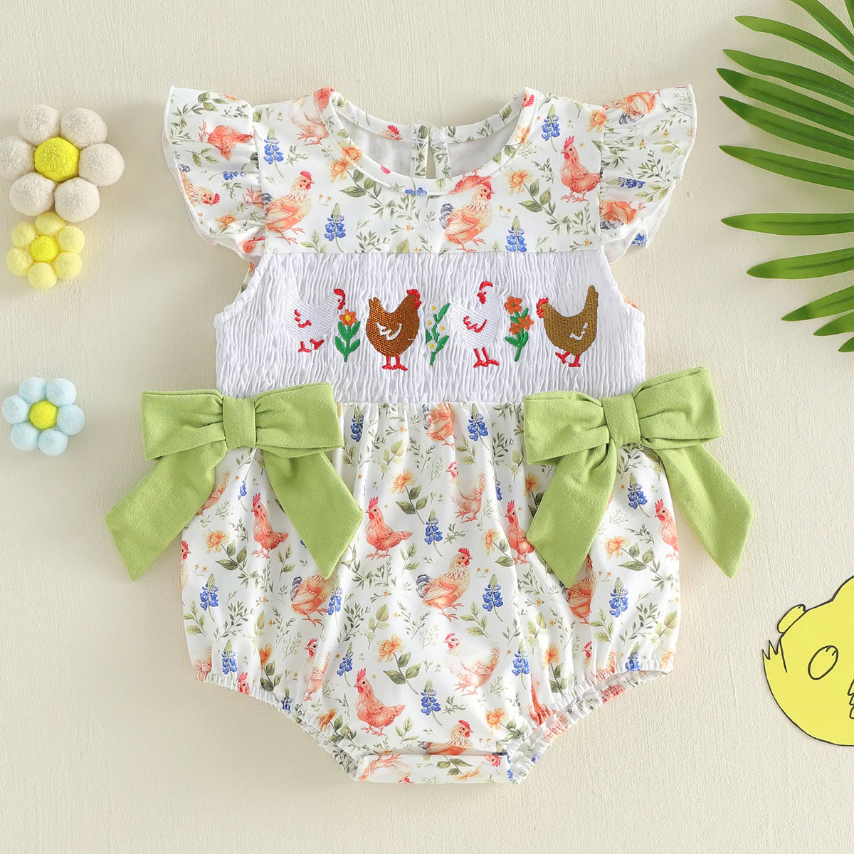 Girls' Farm Print Smocked Ruffle Jumpsuit