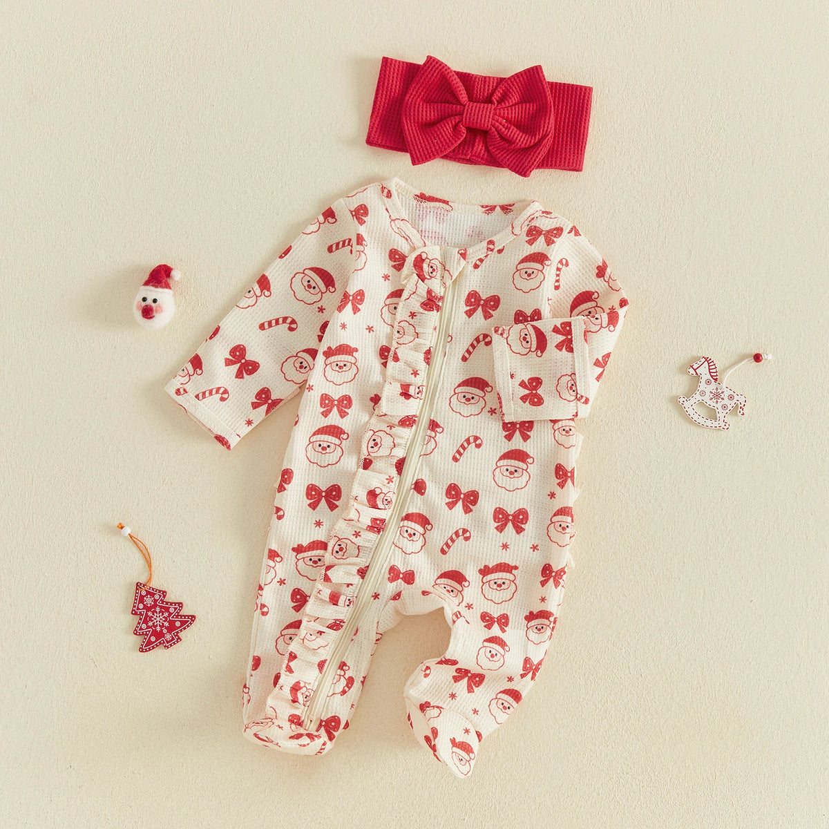 Baby Girl Santa Christmas Zipper Romper & Headband Set