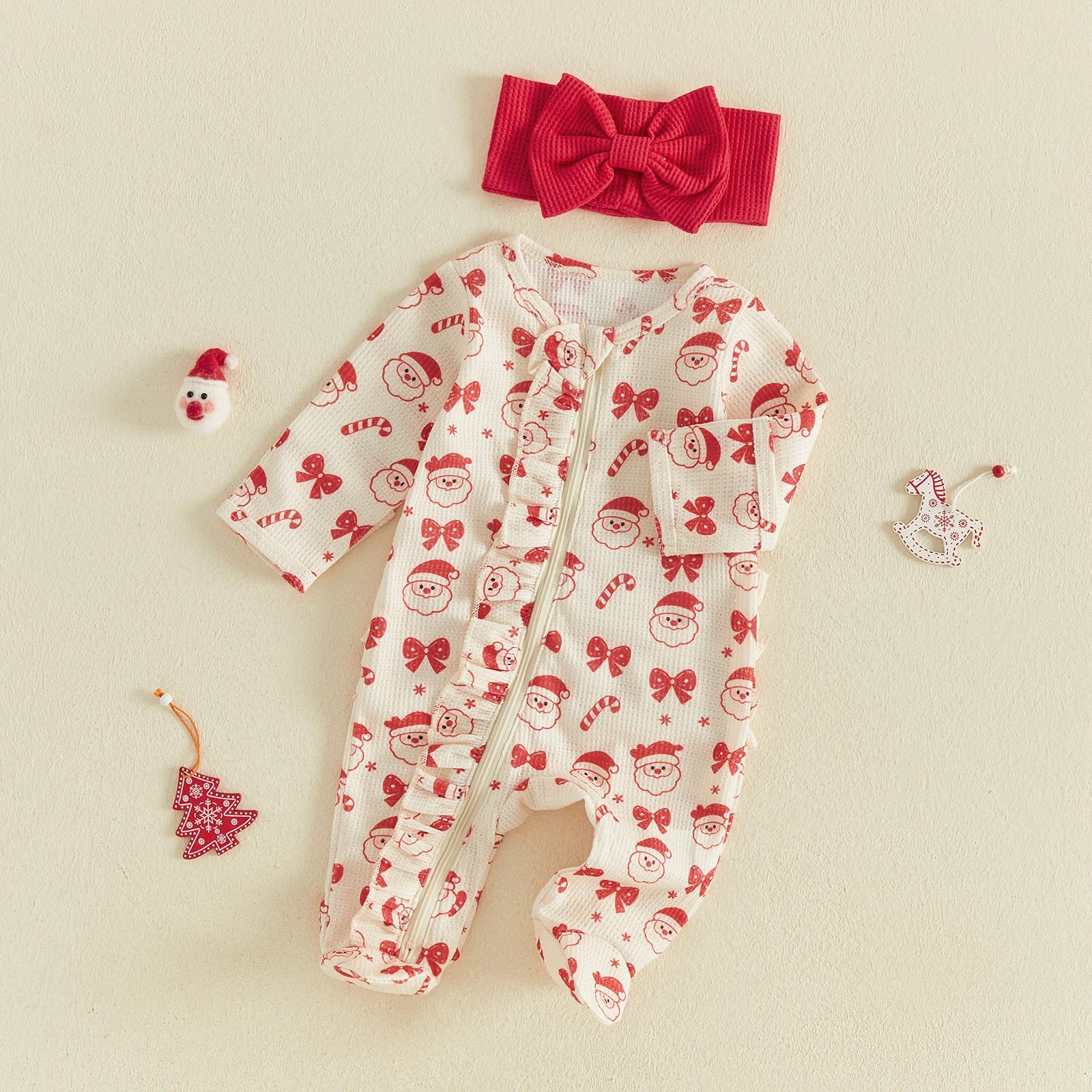 Baby Girl Santa Christmas Zipper Romper & Headband Set